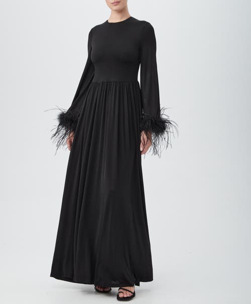 Trina Turk Orla Ruched Feather-trim Gown In Black