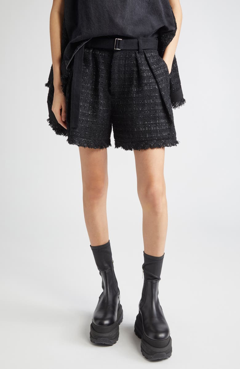 Sacai Mixed Media Denim & Tweed Shorts, Main, color, Black/ Black