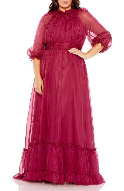 Elegant Ruffled High Neck Gown with Sheer Sleeves and Pleated Cummerbund