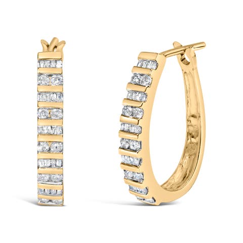 10K Gold 1.0 Cttw Alternating Diamond "U" Hoop Earrings