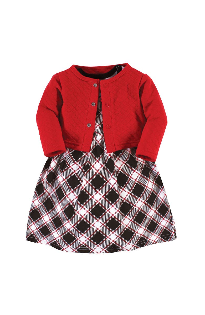 Hudson Baby Quilted Cardigan and Dress, Main, color, Black Red Plaid