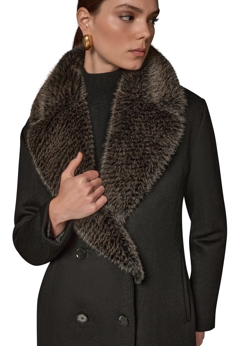 Double Breasted Slouch Coat with Faux Fur Collar, Alternate, color, BLACK