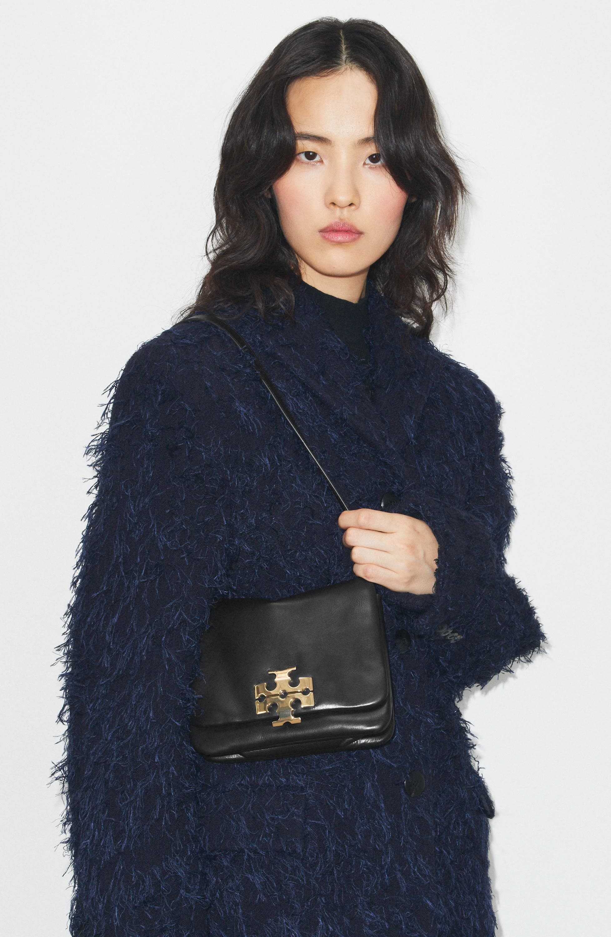 Tory Burch Kira Soft Leather Shoulder Bag, Alternate, color, Black/ Gold