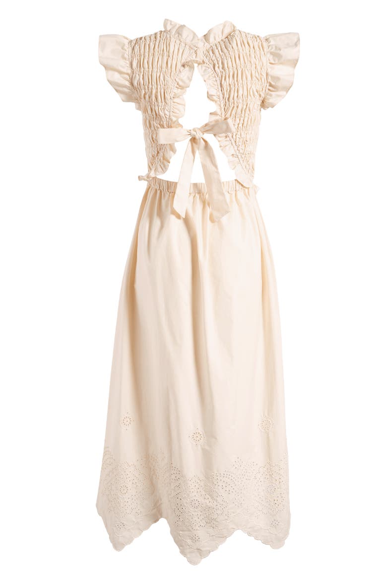 Ruffle Eyelet Smocked Stretch Cotton Dress, Alternate, color, CREAM
