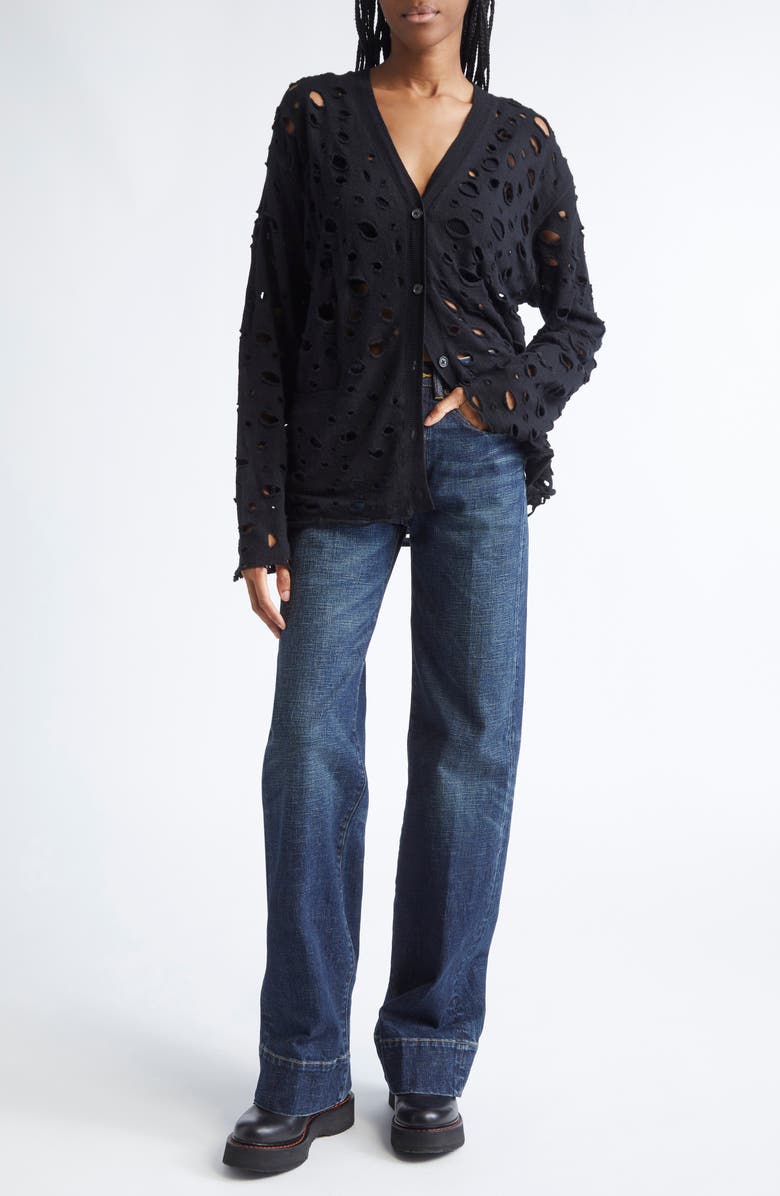 R13 Ripped Merio Wool Boyfrined Cardigan, Alternate, color, Black
