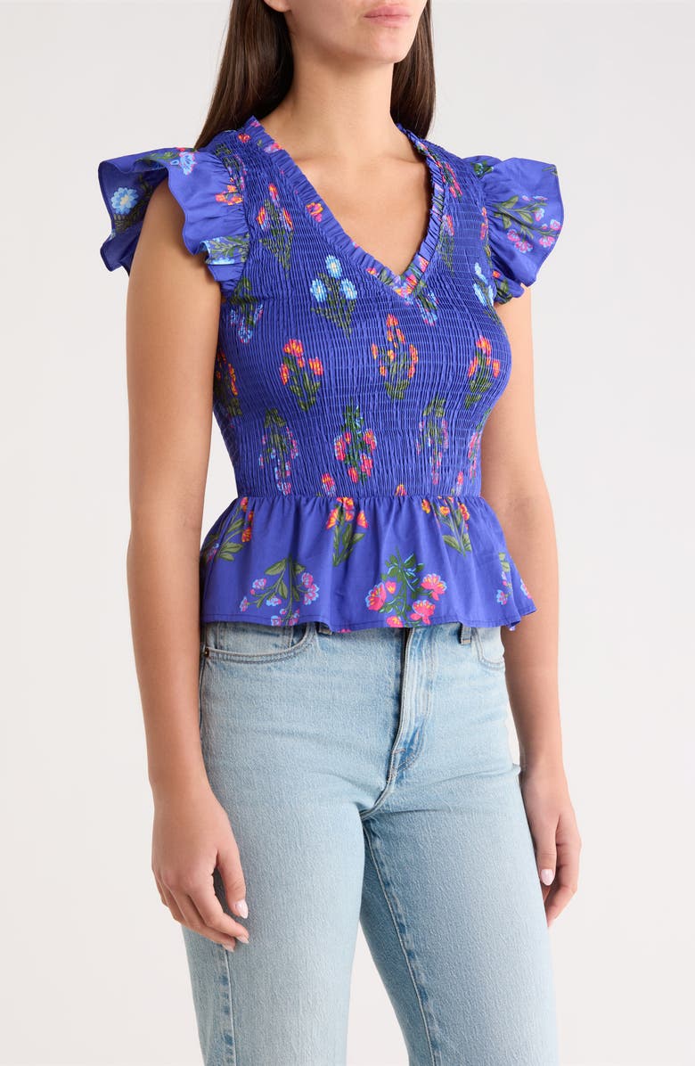 SUGARLIPS Clemen Floral Brish Smocked Flutter Sleeve Peplum Cotton Top, Alternate, color, Navy