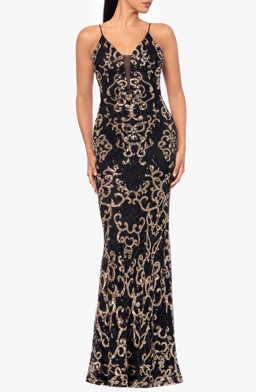 Betsy & Adam Sequin Mermaid Gown In Black/gold