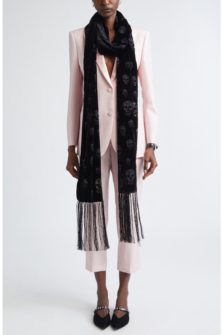 Classic Skull Velvet Fringe Scarf, Alternate, color, BLACK