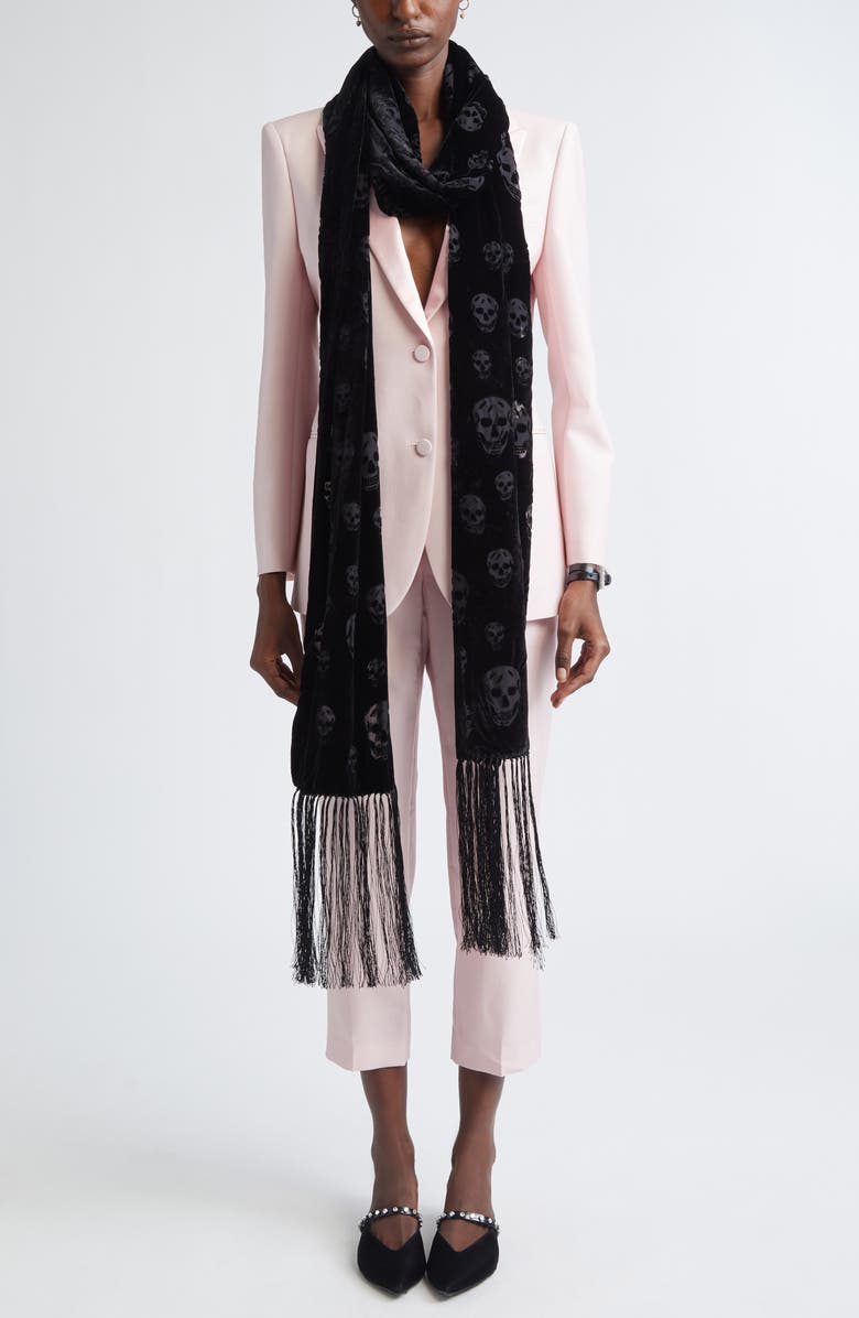 McQueen Classic Skull Velvet Fringe Scarf, Alternate, color, Black