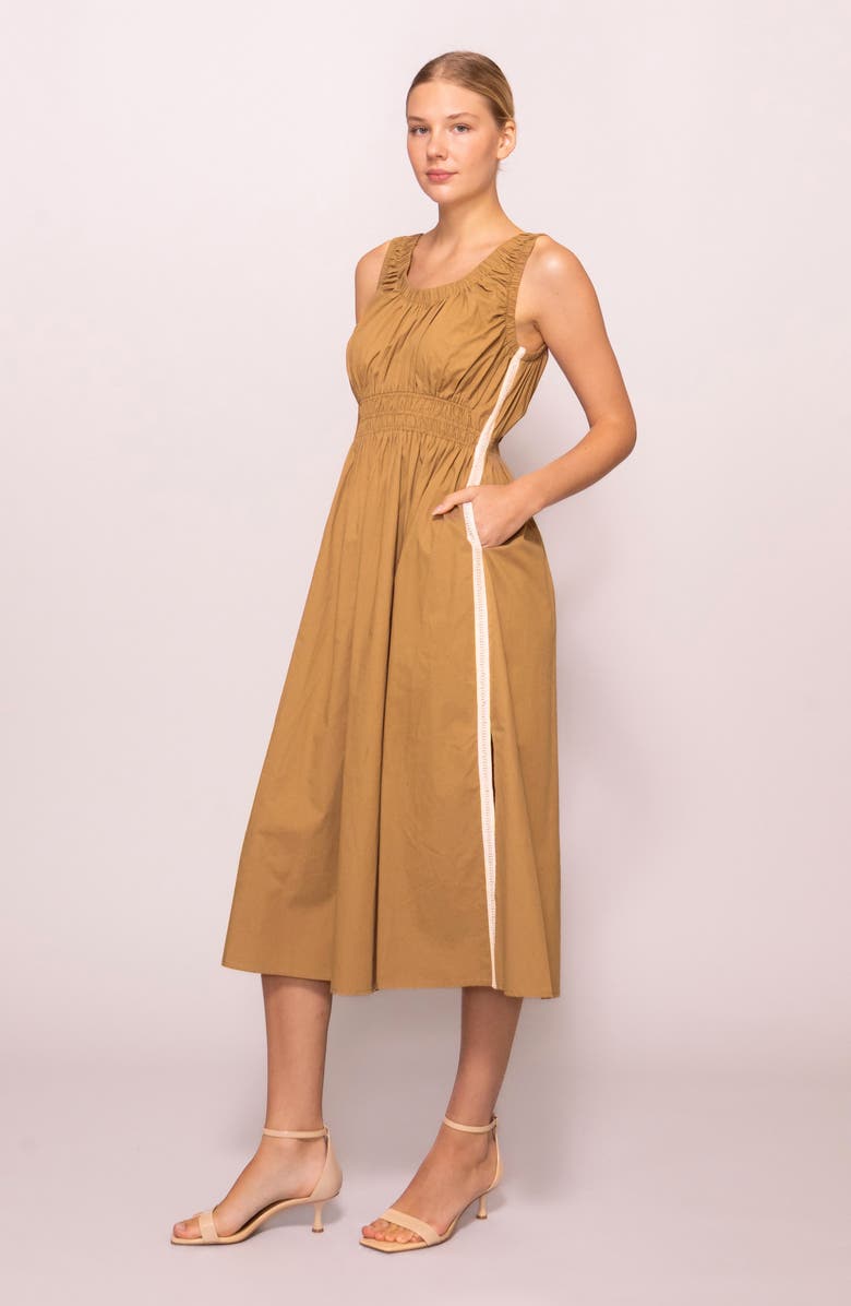 MELLODAY Embroidered Side Stripe Sleeveless Twill Midi Dress, Alternate, color, Tan