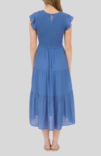 Flutter Sleeve Smocked Tiered Midi Dress