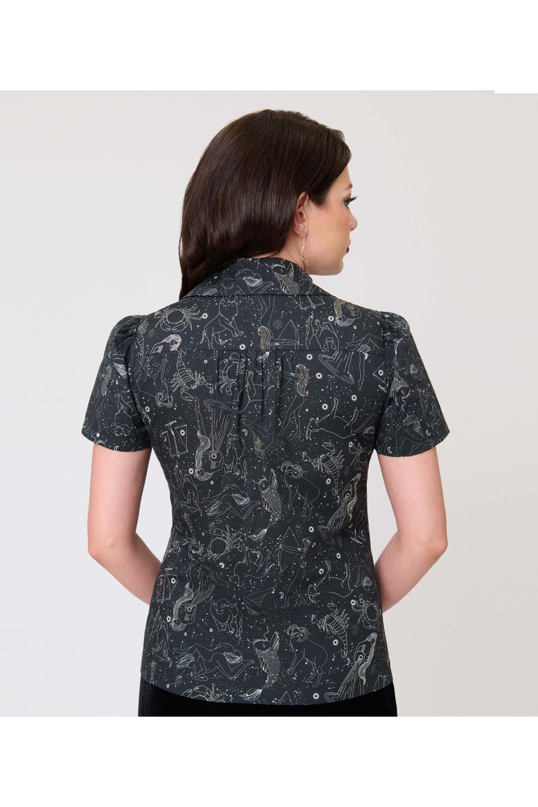 1940s Notched Collar Blouse, Alternate, color, Black w/ Astrology Print