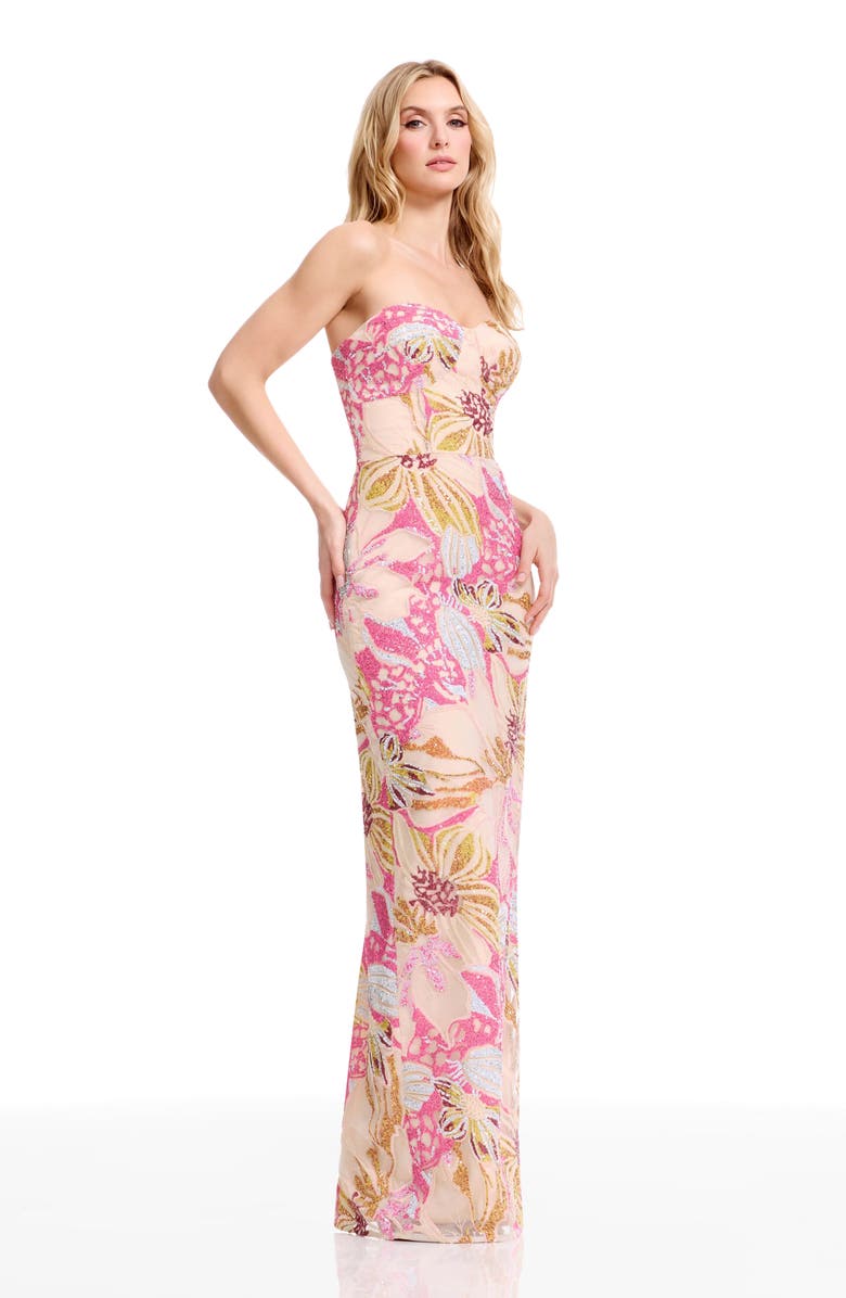 Dress the Population Vada Sequin Floral Strapless Gown, Alternate, color, 