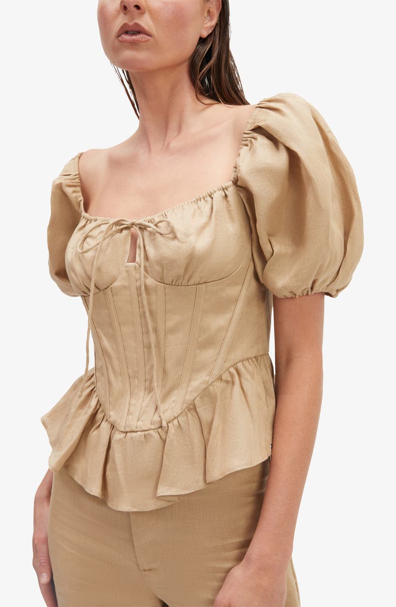 Bardot Esra Puff Sleeve Linen Corset Top, Alternate, color, Latte