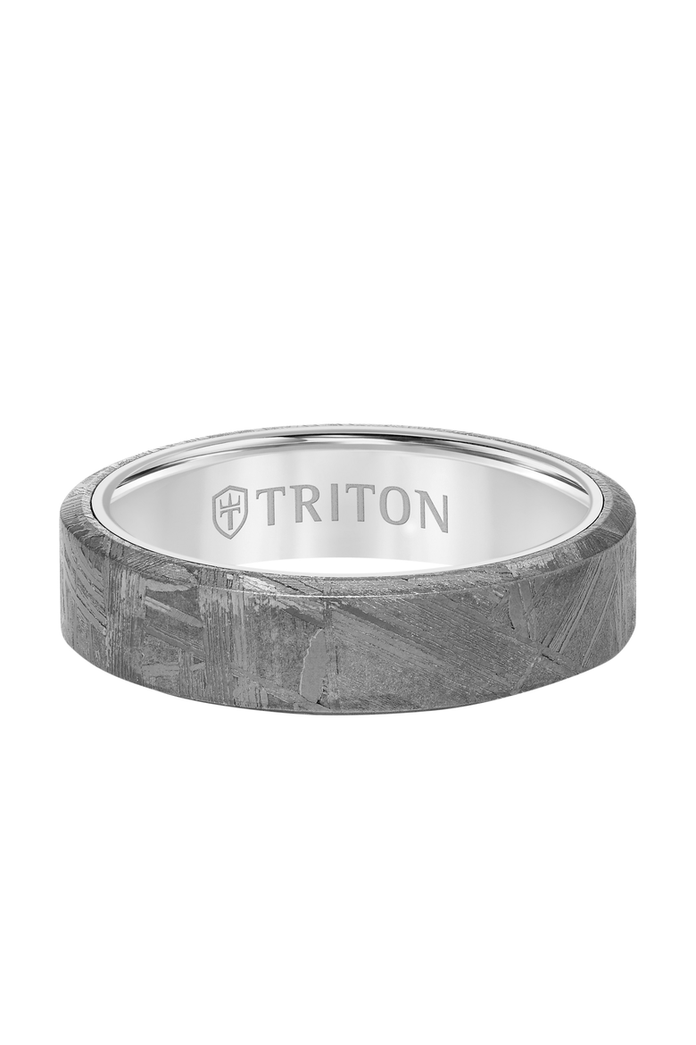 6MM Meteorite Ring with Black Tungsten Sleeve and Low Dome with Flat Edge, Alternate, color, Metallic Silver