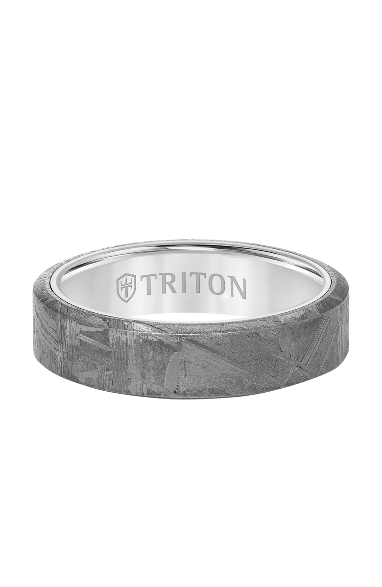 Triton 6MM Meteorite Ring with Black Tungsten Sleeve and Low Dome with Flat Edge, Alternate, color, 