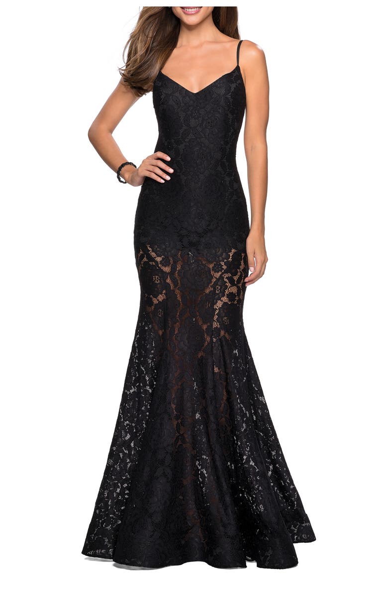 La Femme Long Form Fitting Lace Prom Dress with Attached Shorts, Main, color, Black