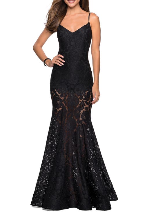La Femme Long Form Fitting Lace Prom Dress With Attached Shorts In Black