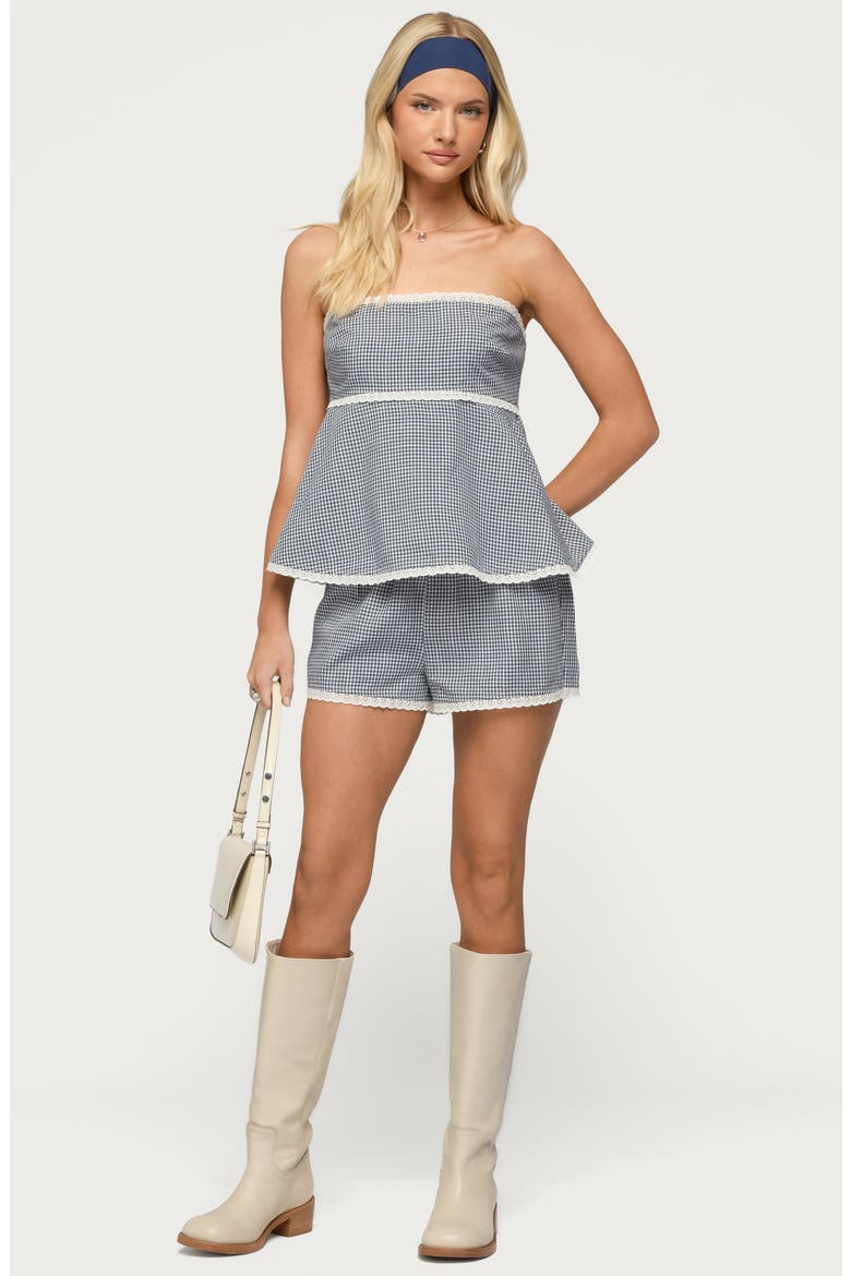 Ellie Gingham Lace Trim Shorts, Alternate, color, WHITE-AND-NAVY