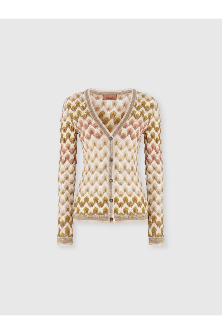 Slim Viscose Lamé Cardigan With Lace Motif, Main, color, Gold& Beige