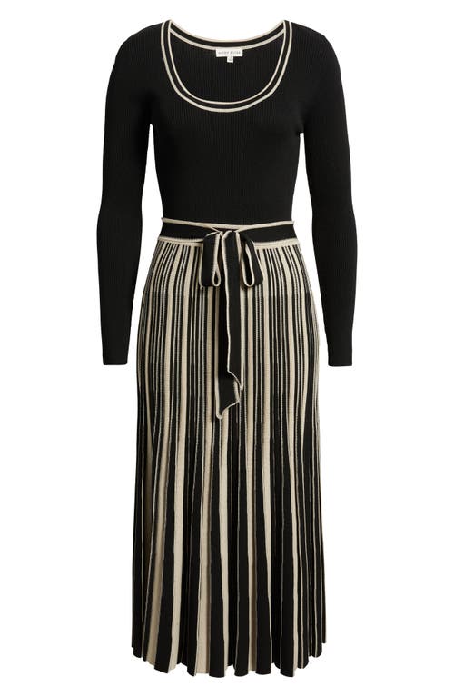 Moon River Tie Waist Long Sleeve Rib Maxi Sweater Dress In Black