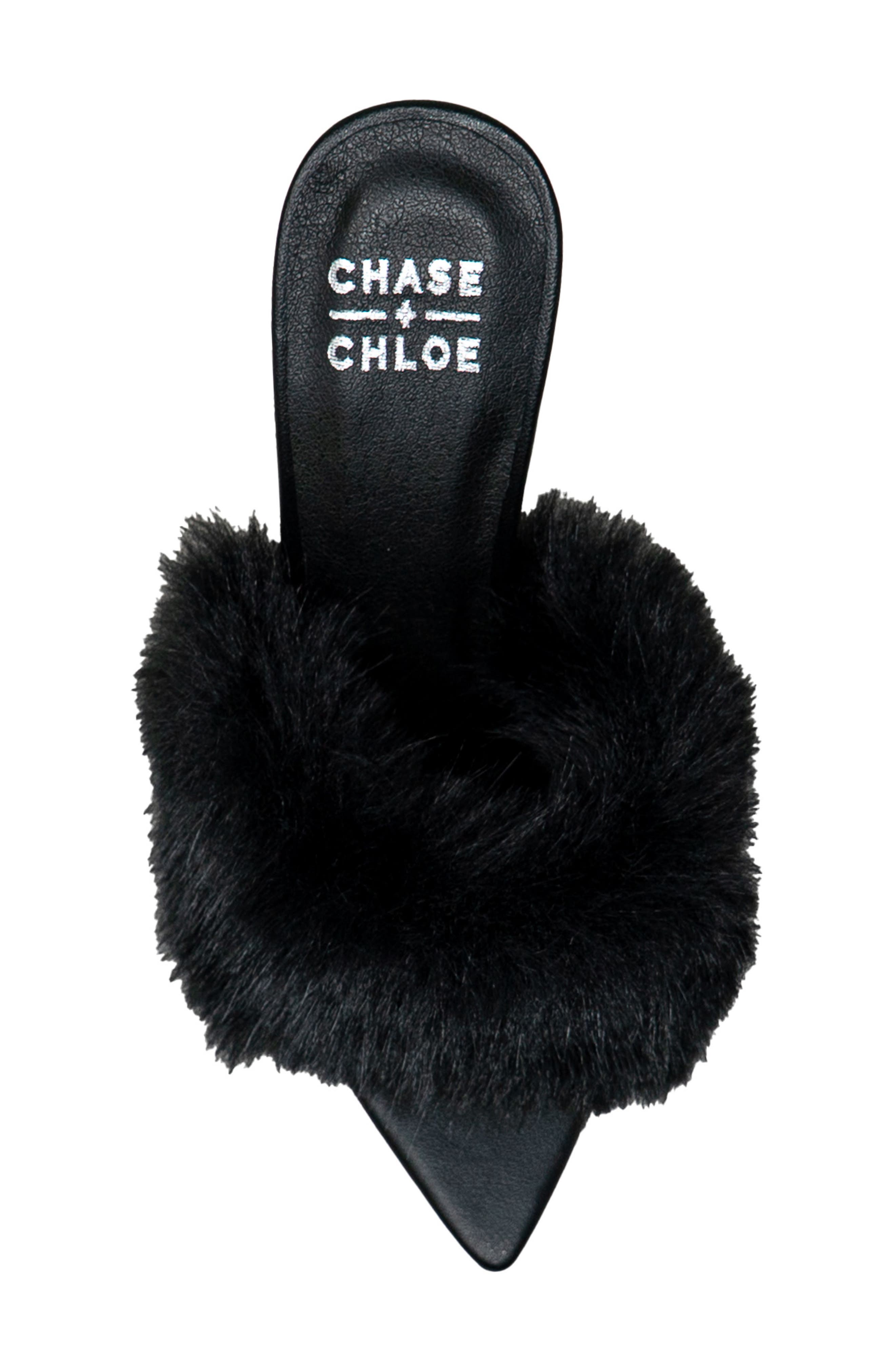 CHASE AND CHLOE Faux Fur Stiletto Mule Sandal, Alternate, color, Black