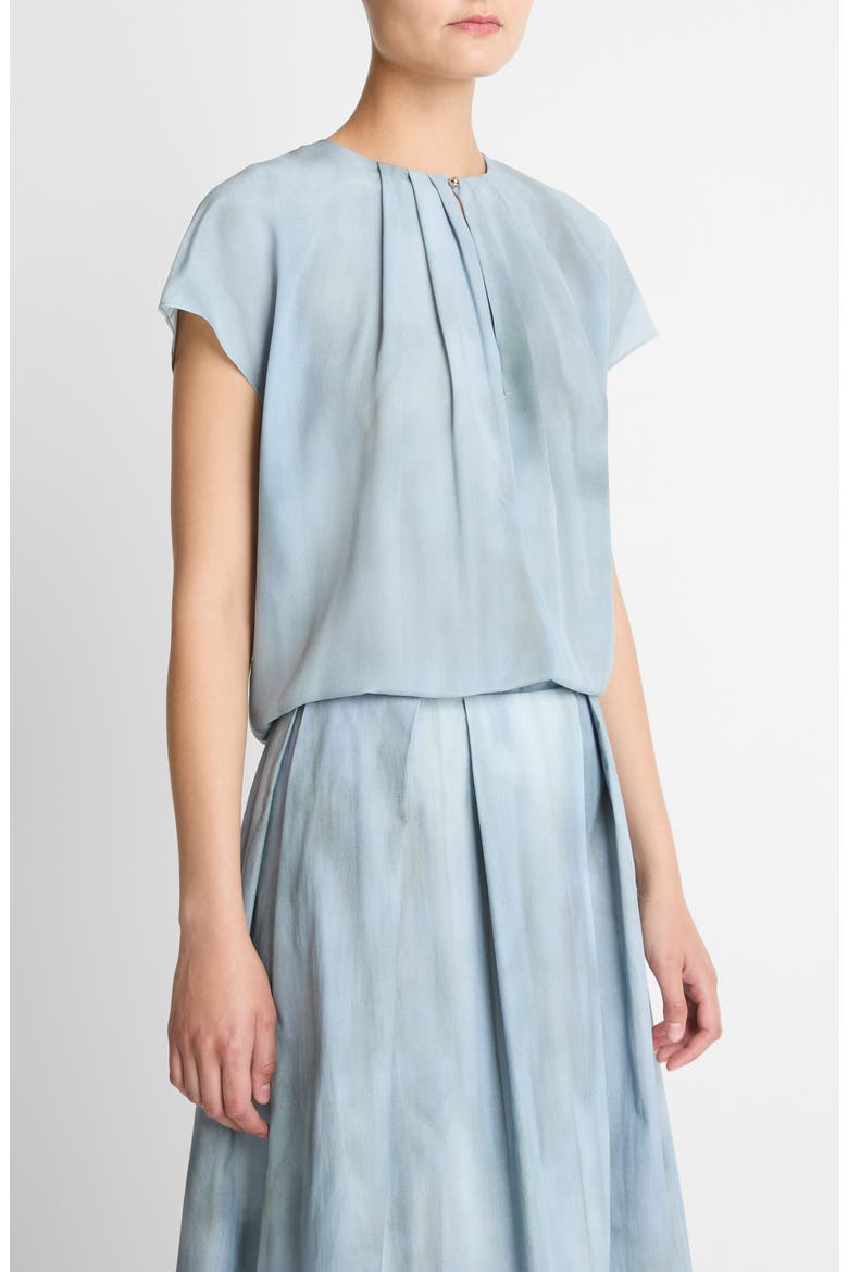 Pleated Gathered Cap Sleeve Silk Top, Alternate, color, AZURA WASH
