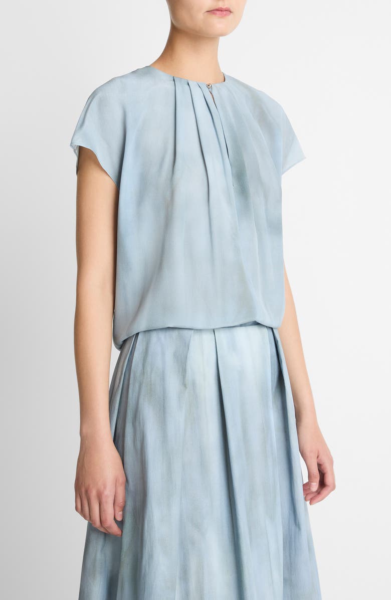 Vince Pleated Gathered Cap Sleeve Silk Top, Alternate, color, Azura Wash