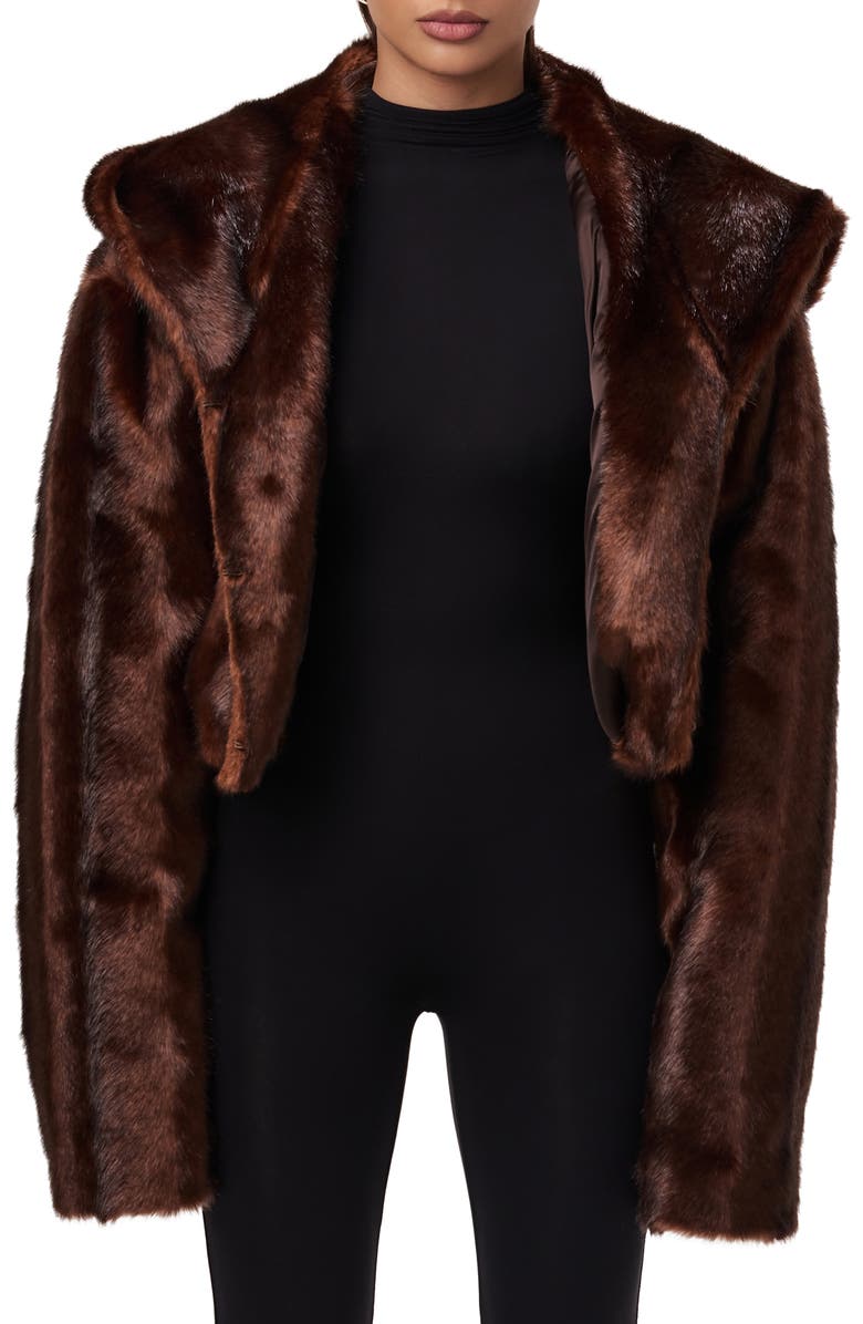 Naked Wardrobe Hooded Faux Fur Crop Jacket, Main, color, Chocolate