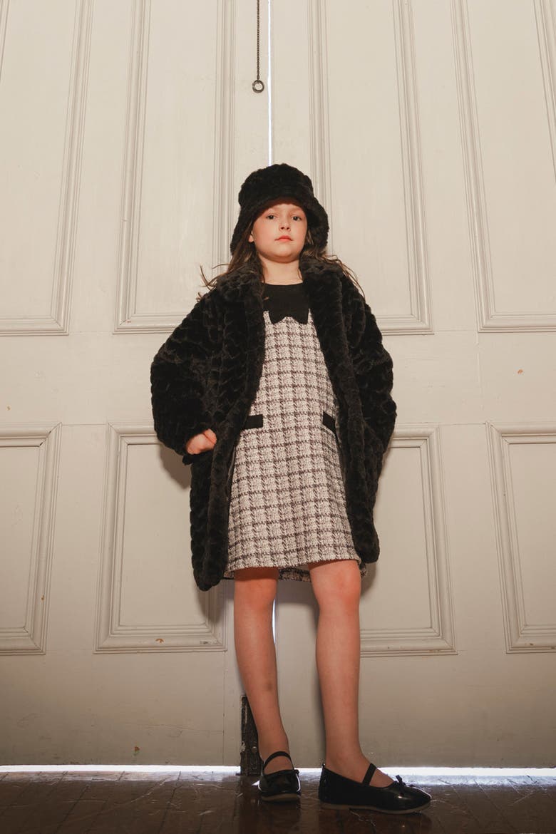 Heart Textured Faux Fur Button Front Long Coat, Alternate, color, Black