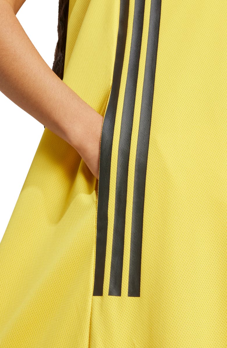 adidas Tiro 3-Stripes Recycled Polyester Mesh Maxi Dress, Alternate, color, Hazy Yellow/ Black/ Bold Green