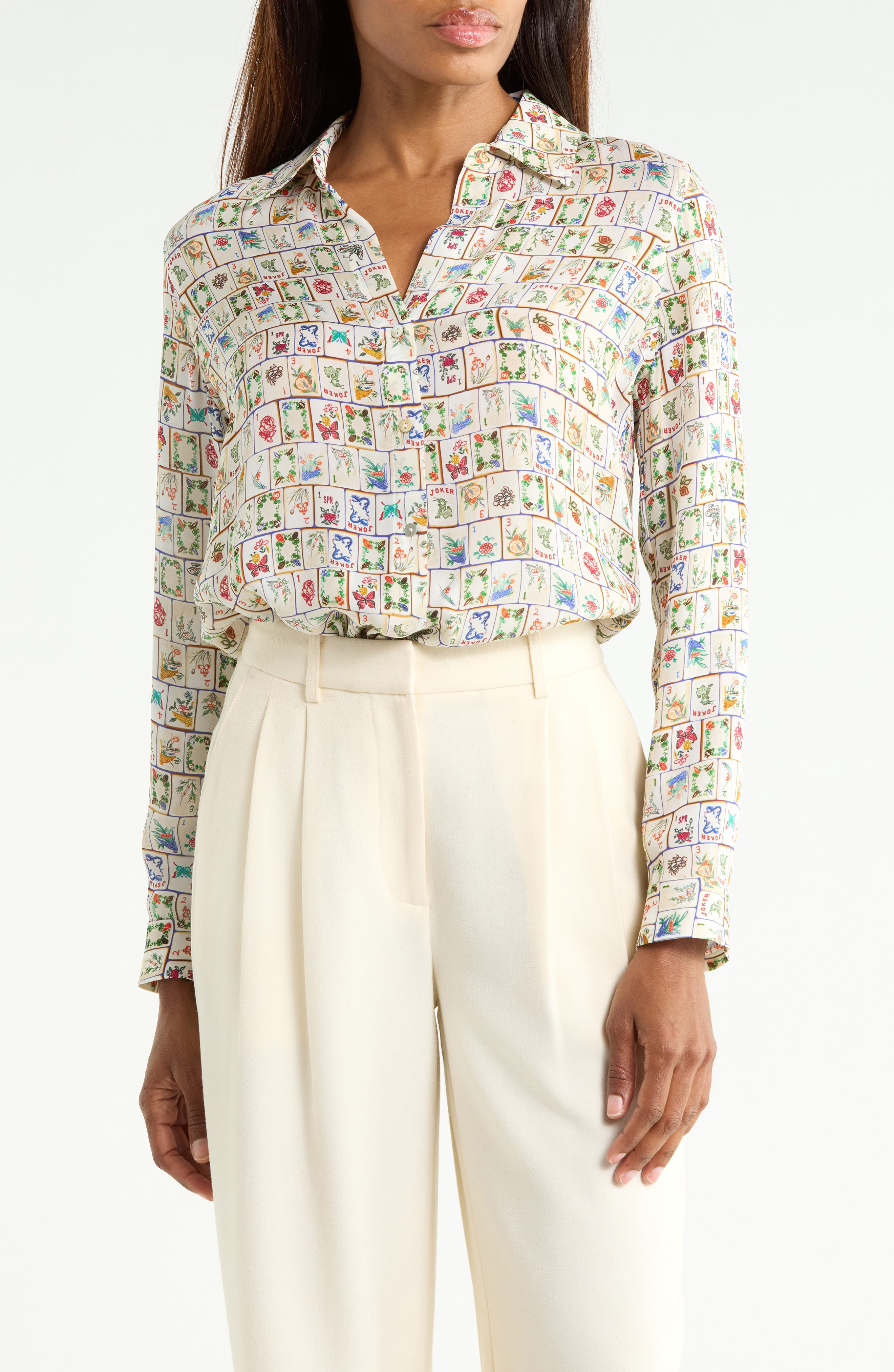 Nina Mahjong Print Silk Shirt
