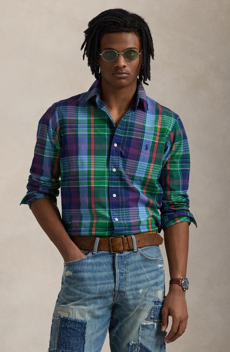Polo Ralph Lauren Madras Plaid Performance Button-Down Shirt, Alternate, color, Green/ Navy Multi