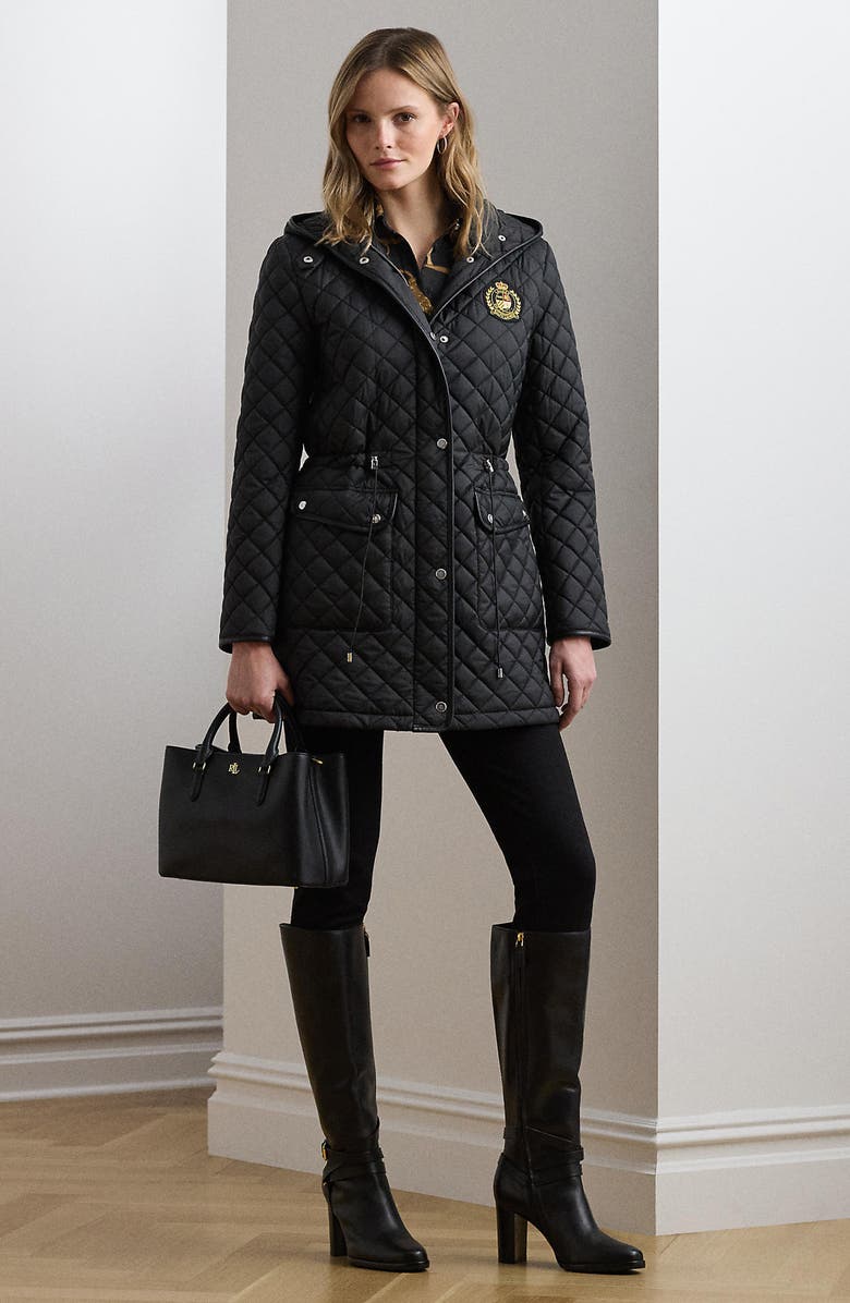Lauren Ralph Lauren Logo Patch Quilted Coat, Alternate, color, Black