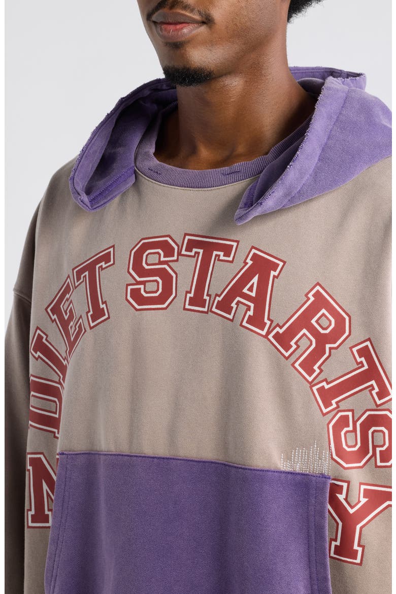 Collegiate Overlap Cotton Hoodie, Alternate, color, TAN/PURPLE