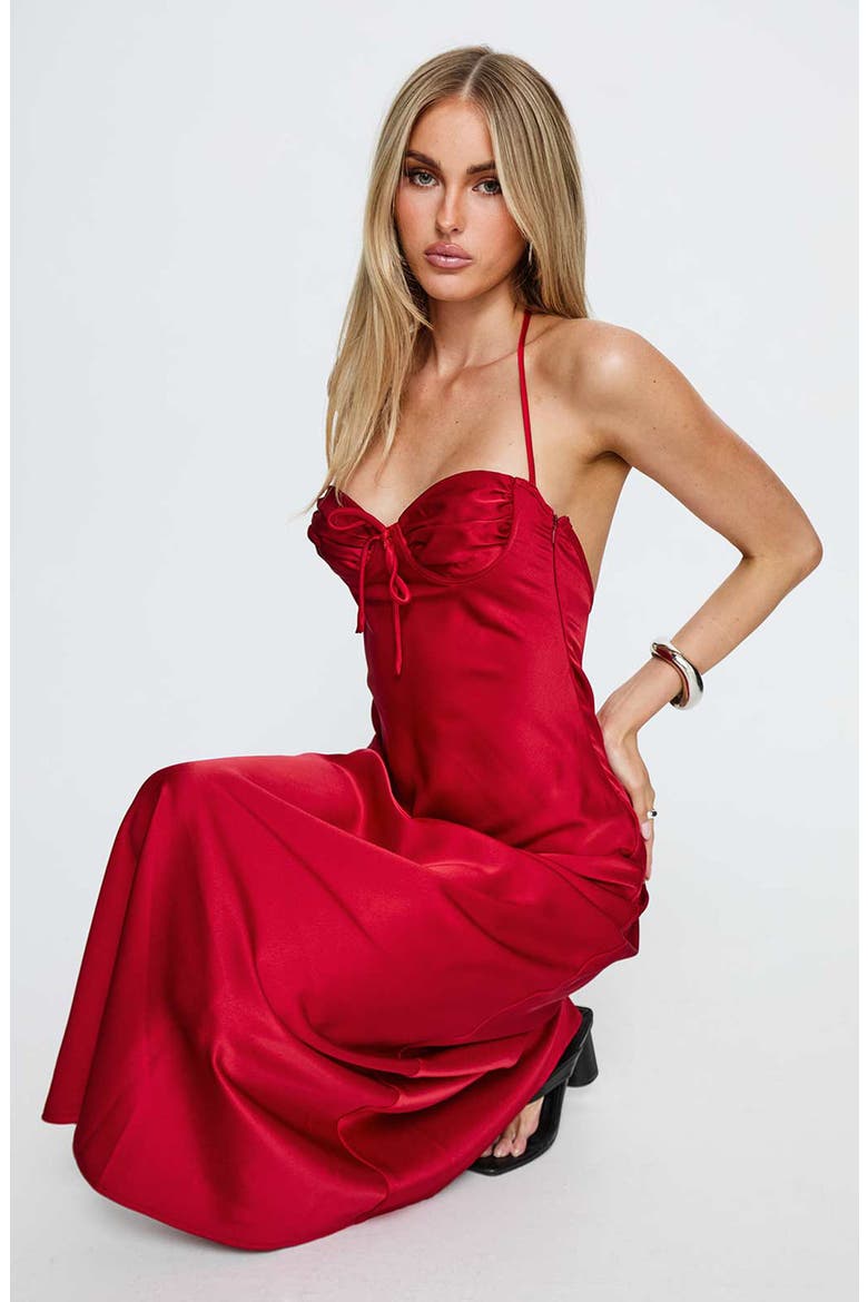 Costella Halter Satin Maxi Dress, Alternate, color, RED