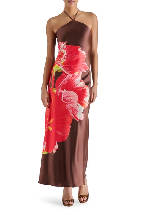 Floral Satin Halter Maxi Dress