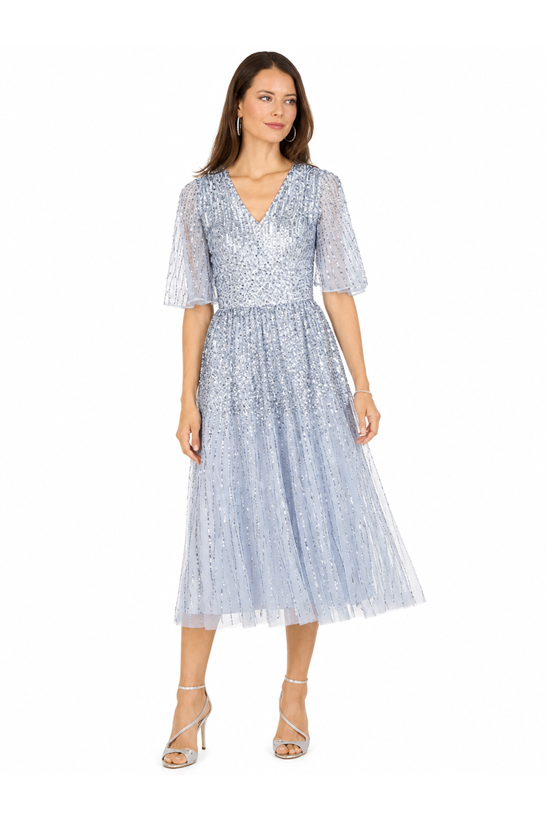 Flowing, Sequin Midi Dress with Short Sleeves, Alternate, color, Periwinkle