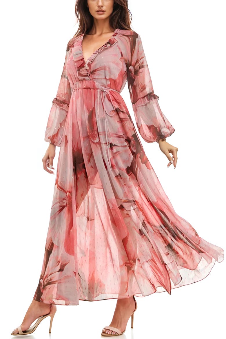 Swiss Dot Ruffle Maxi Dress, Alternate, color, GREY/ PINK