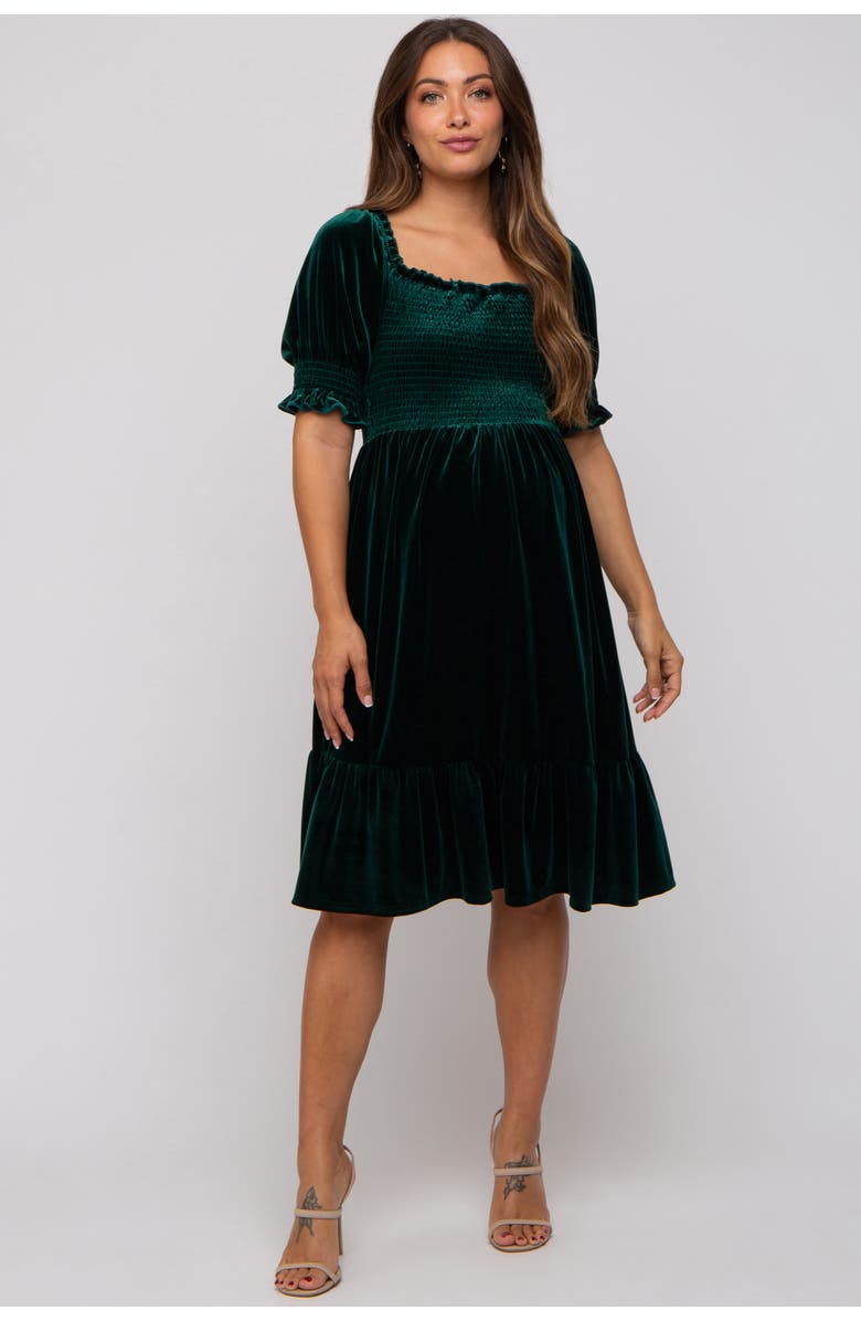 PinkBlush Velvet Smocked Puff Sleeve Dress, Main, color, Forest Green