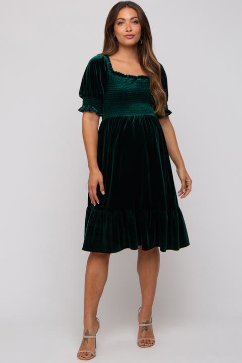Velvet Smocked Puff Sleeve Dress