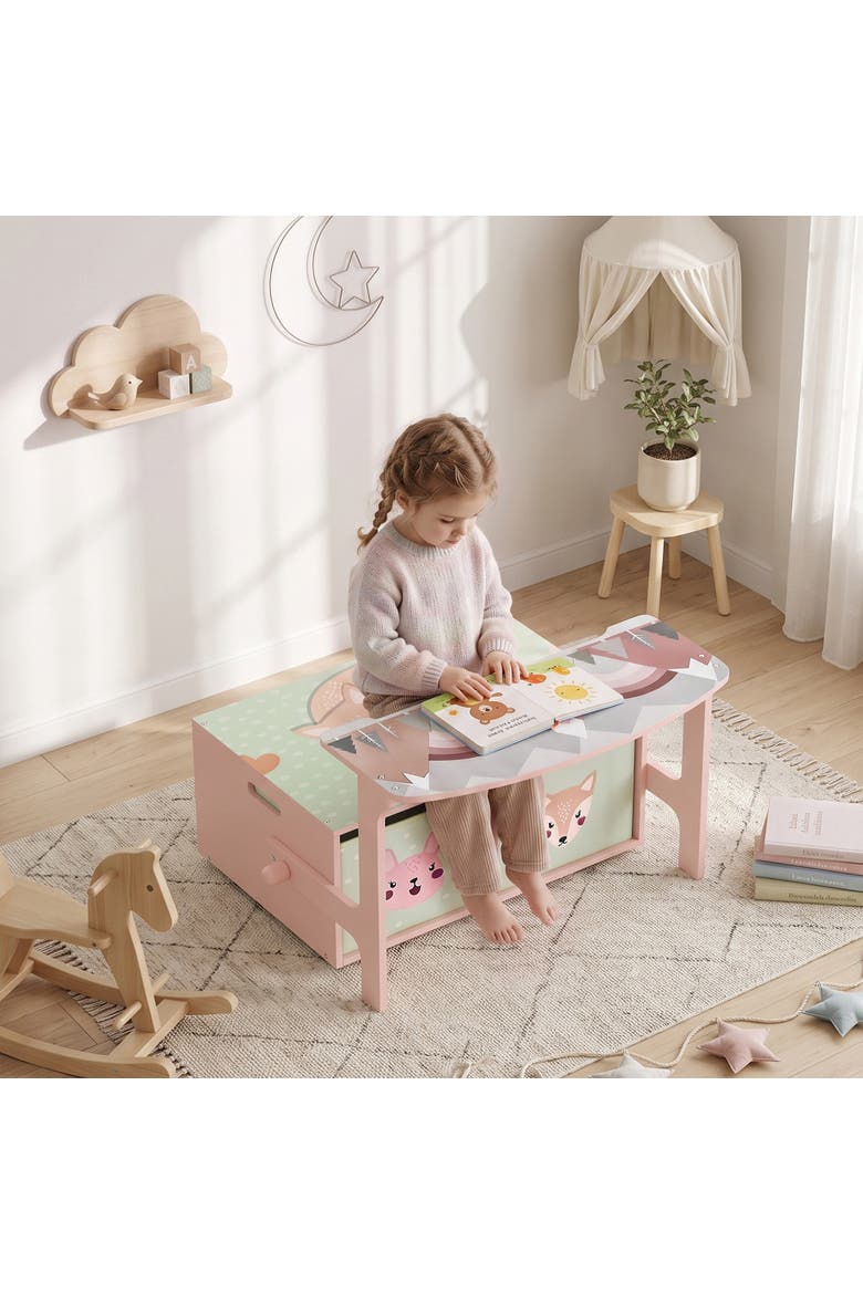 Kids Toy Box Chest, 3-in-1 Convertible Storage Chest with 2 Non-Woven Drawers for Bedroom, Kids Room, Wooden Toy Box Gift for Ages 3-6, Pink, Alternate, color, Pink