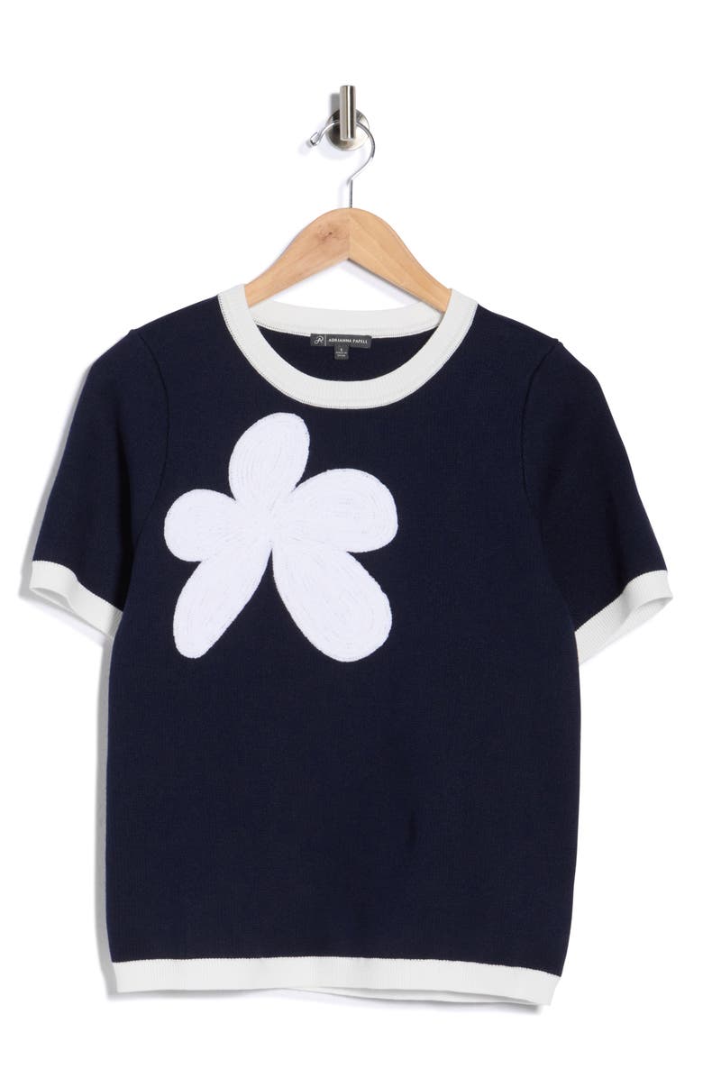 Adrianna Papell Flower Appliqué Short Sleeve Sweater, Main, color, Blue Moon/ Ivory