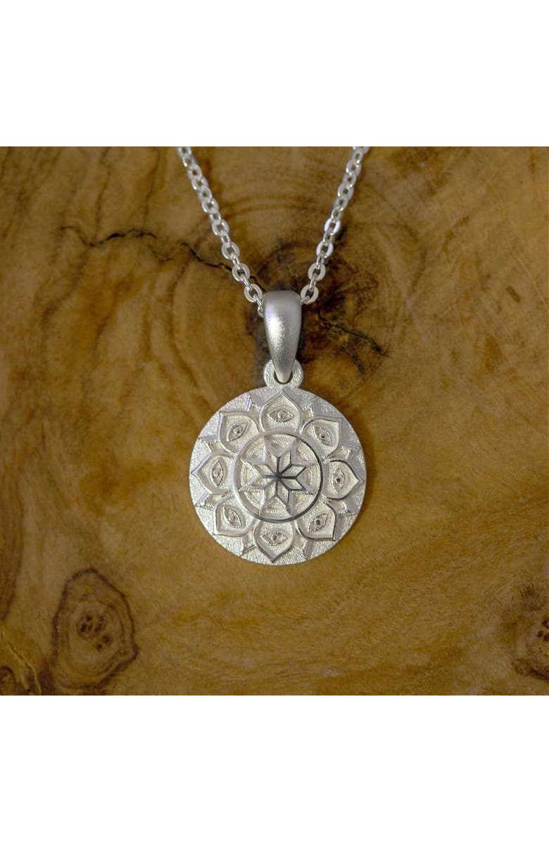 Mantra I Am Supported And Protected mandala necklace, Main, color, Mini - Silver