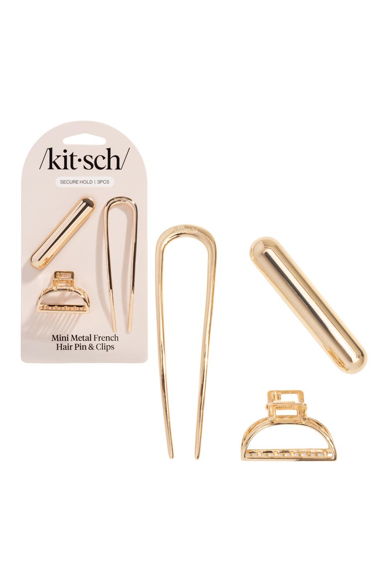 3-Piece French Hair Pin & Clips Set, Main, color, GOLD