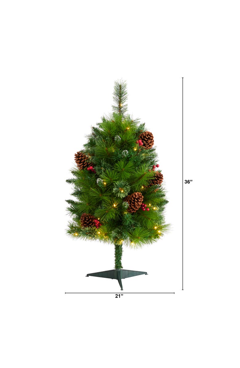 NEARLY NATURAL 3-ft Montana Mixed Pine Artificial Christmas Tree with Pine Cones, Berries and 50 Clear LED Lights, Alternate, color, Green