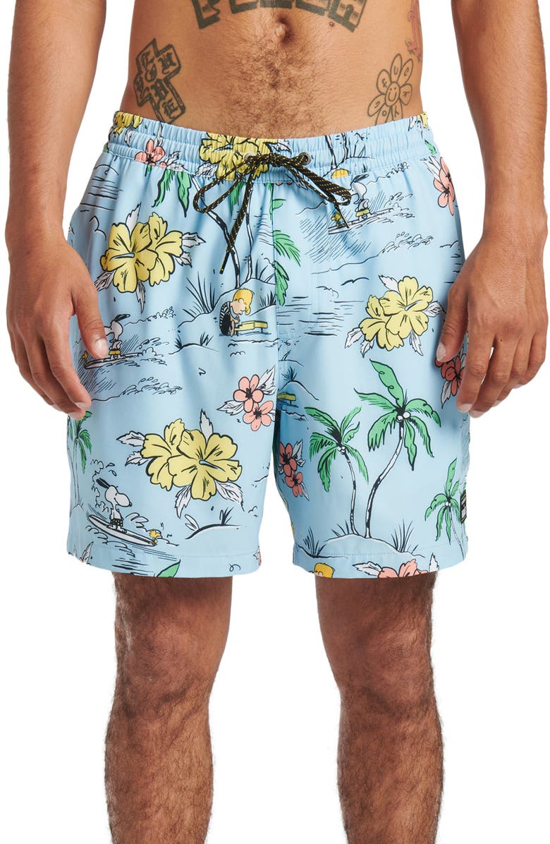 Quiksilver Snoopy Shred Recycled Polyester Blend Swim Trunks, Main, color, 