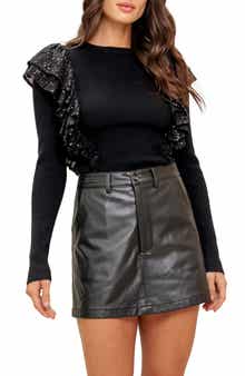 FLYING TOMATO Sequin Ruffle Shoulder Knit Sweater