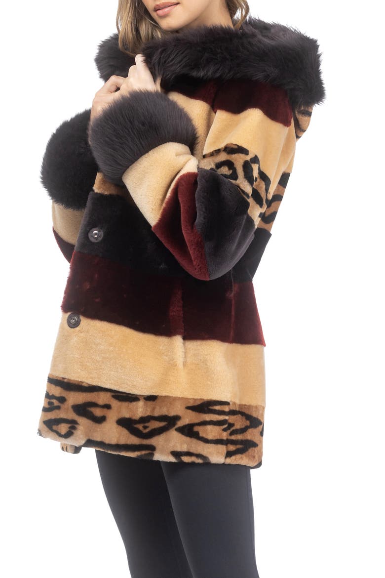 Genuine Shearling Parka with Genuine Shearling Hood Trim & Cuffs, Belt, Alternate, color, WINE/CAMEL/OCELO PRINT/BROWN