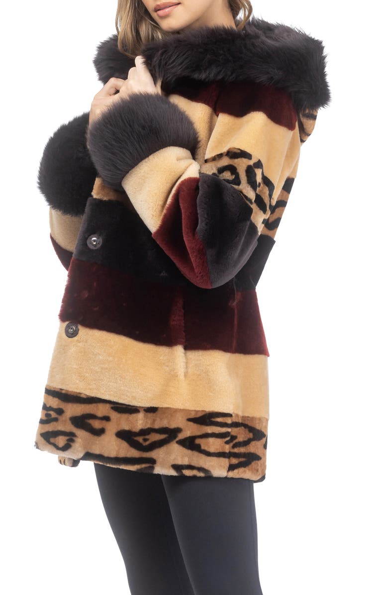 GORSKI Genuine Shearling Parka with Genuine Shearling Hood Trim & Cuffs, Belt, Alternate, color, Wine/Camel/Ocelo Print/Brown